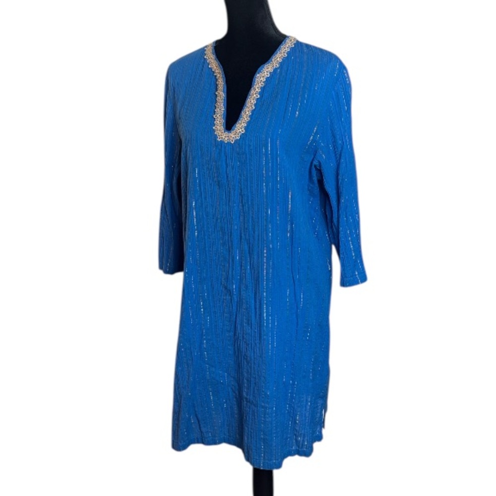 #459 (Lilly Pulitzer) “Esme” Lurex Crinkle Crepe Tunic Dress in Blue & Gold - XL - Picture 8 of 14